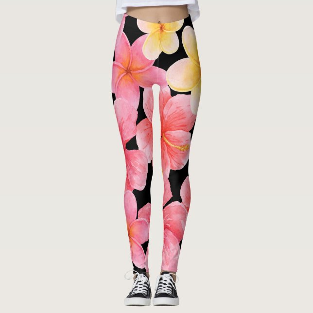 Legging Padrão de Flores de Hibiscus Plumeria Watercolor (Frente)
