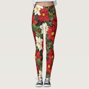 Legging Padrão de Flores de Poinsettia Verde Vermelha