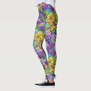 Legging Padrão de Flores do Jardim Verde Amarelo Lilac