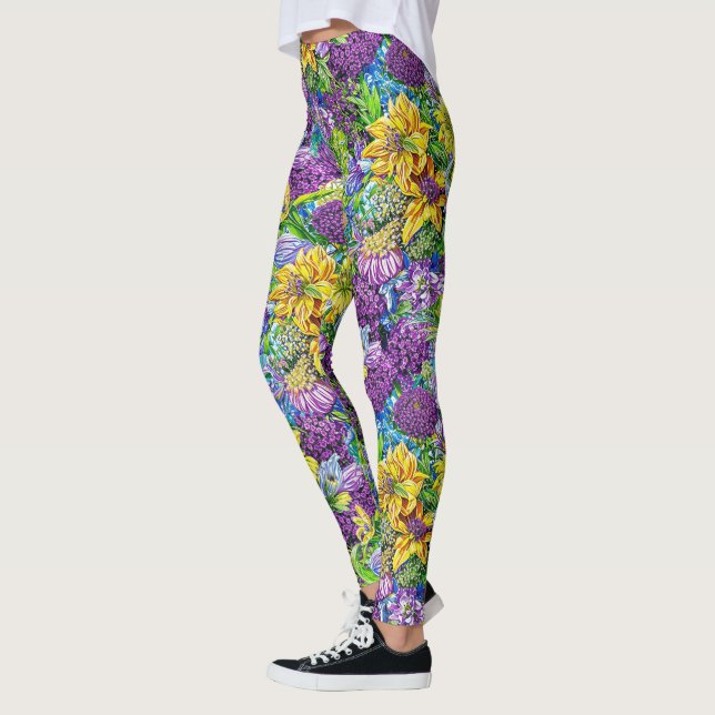 Legging Padrão de Flores do Jardim Verde Amarelo Lilac (Esquerda)