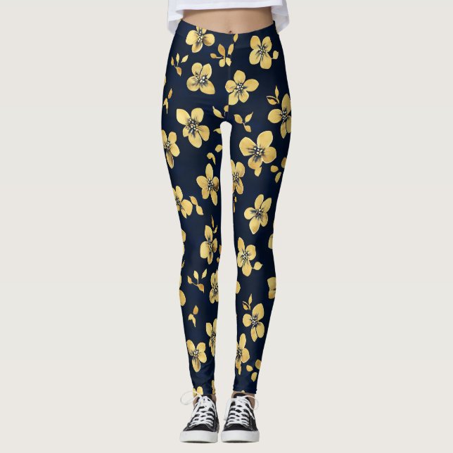 Legging Padrão de Flores Douradas (Frente)