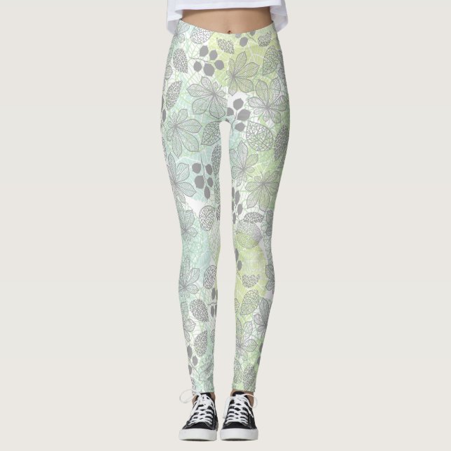 Legging Padrão de Flores e Folhas Flutuantes (Frente)