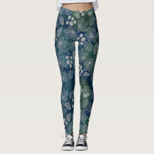 Legging Padrão de Flores e Folhas Flutuantes D Azul BG