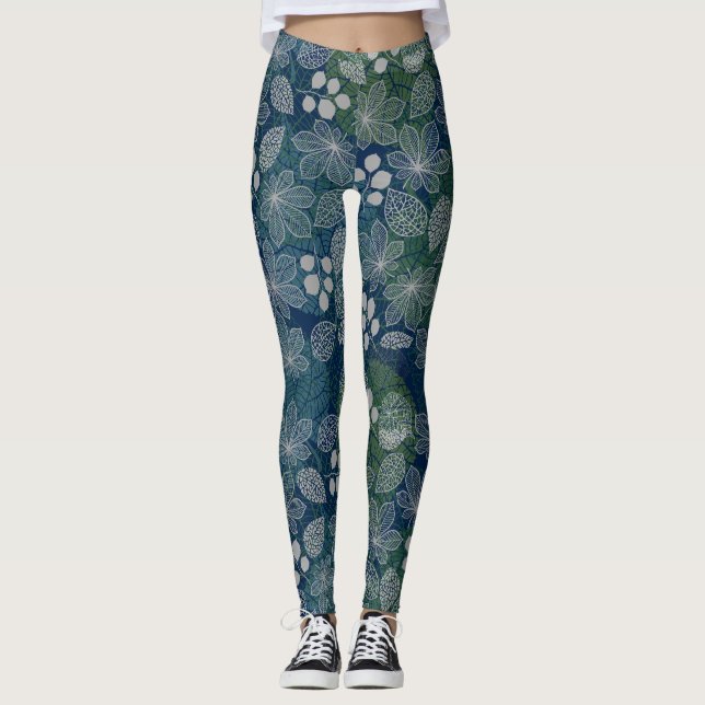 Legging Padrão de Flores e Folhas Flutuantes D Azul BG (Frente)