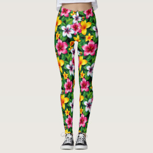 Legging Padrão de Flores e Folhas Multicoloridas-57577