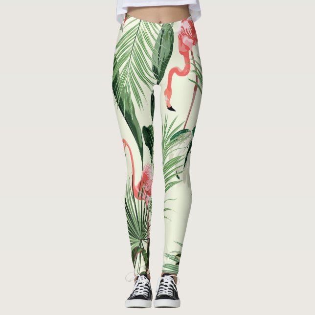 Legging Padrão de Flores Exóticas Flamingo Rosa (Frente)