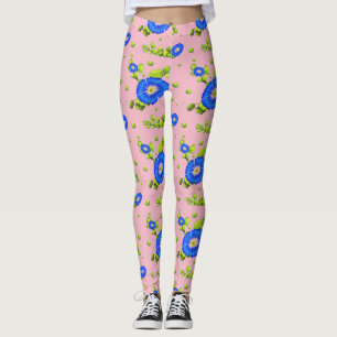 Legging Padrão de Flores Gloriosas da Manhã Azul ( Cor-de-