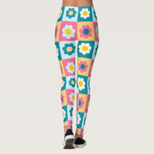 Legging Padrão de Flores Pastel Coloridas Fofo Retrô