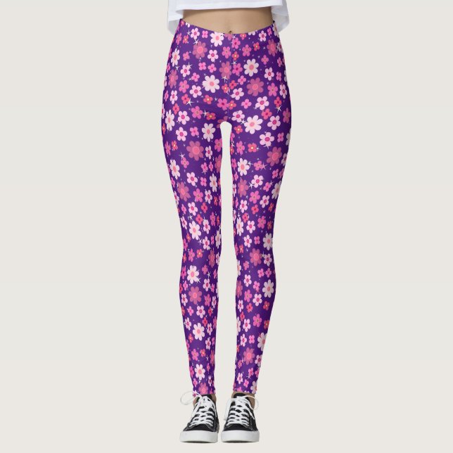 Legging Padrão de Flores Rosa Pequenas C10 Roxo BG (Frente)