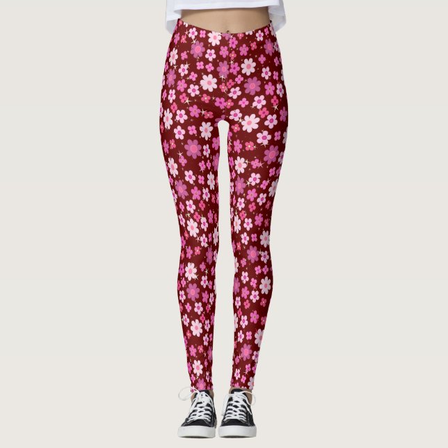 Legging Padrão de Flores Rosa Pequenas C10 Vermelhas BG (Frente)