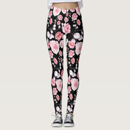 Legging Padrão de flores rosa sobre preto
