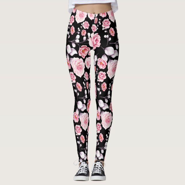 Legging Padrão de flores rosa sobre preto (Frente)