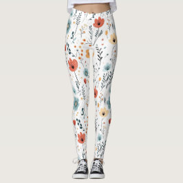 Legging Padrão de Flores Selvagens, Ferrugem, Tan, Azul