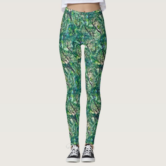 Legging Padrão de Floresta Verde de Aquarela (Frente)
