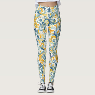 Legging Padrão de Folha Azul e Dourada