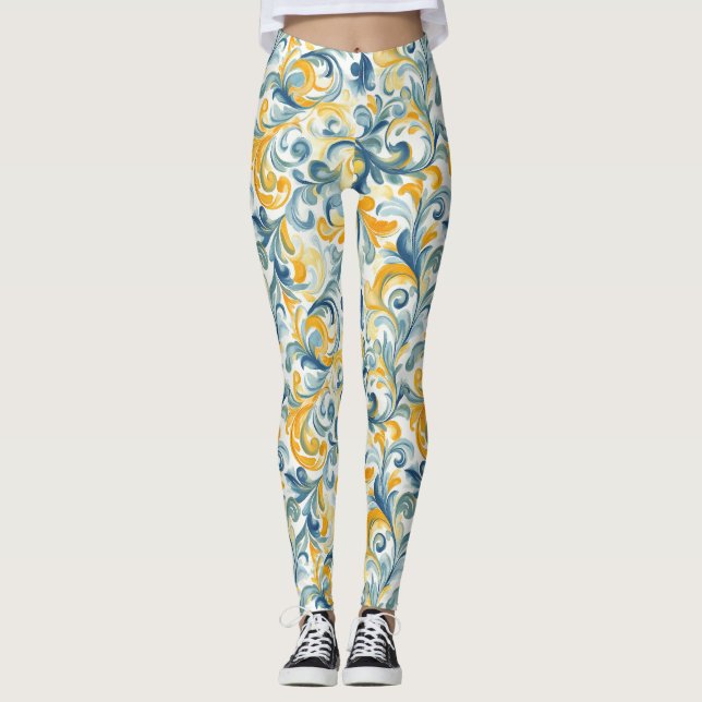 Legging Padrão de Folha Azul e Dourada (Frente)