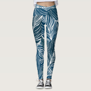 Legging Padrão de Folha Azul: Papel de Wallpaper Vintage.