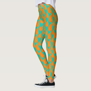 Legging Padrão De Folha De Abstratos Laranja E Telesverdea