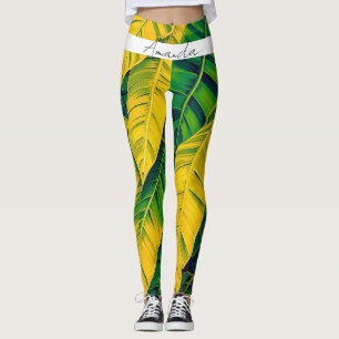 Legging Padrão de Folha de Banana Verde e Amarela vibrante