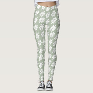 Legging Padrão de Folha de Idoso Branco no Verde