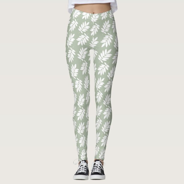 Legging Padrão de Folha de Idoso Branco no Verde (Frente)