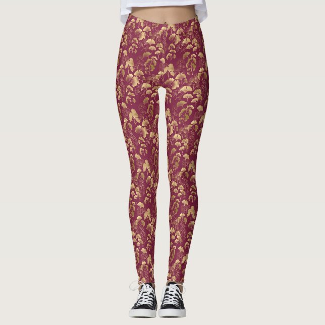 Legging Padrão de Folha de Ouro Borgonha (Frente)