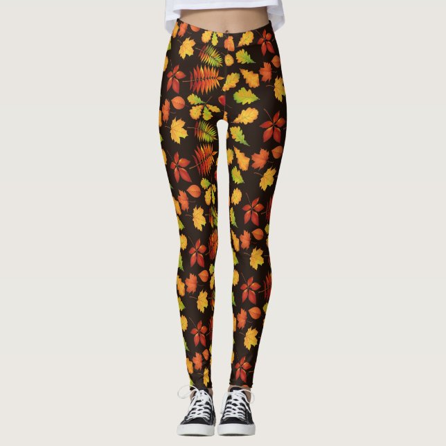 Legging Padrão de Folha de Outono em Marrom (Frente)