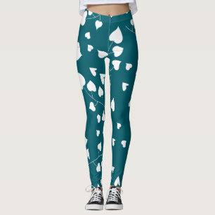 Legging Padrão de folha do coração branco em verde-lacrime