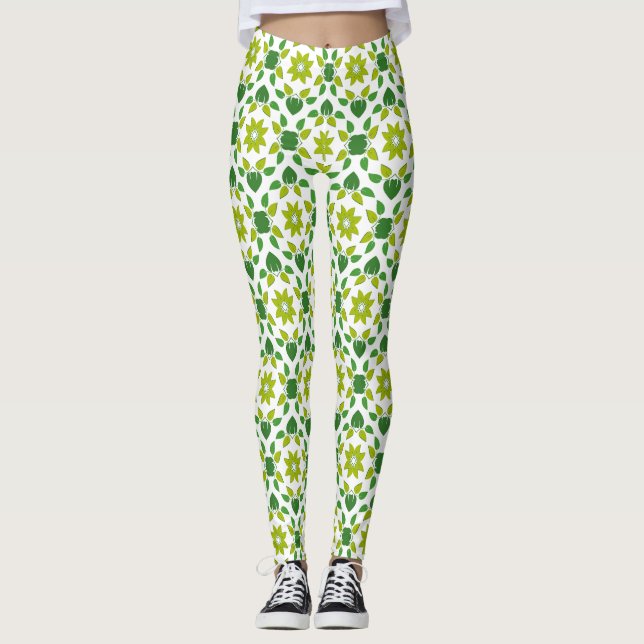 Legging Padrão De Folha, Padrão De Folhas, Folhas Verdes (Frente)