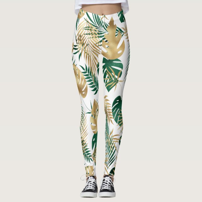 Legging Padrão de Folha Tropical (Frente)
