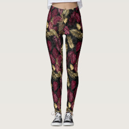 Legging Padrão de Folha Tropical Dourada e Borgonha