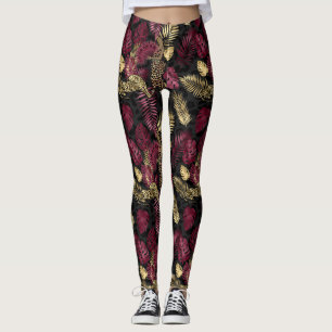 Legging Padrão de Folha Tropical Dourada e Borgonha