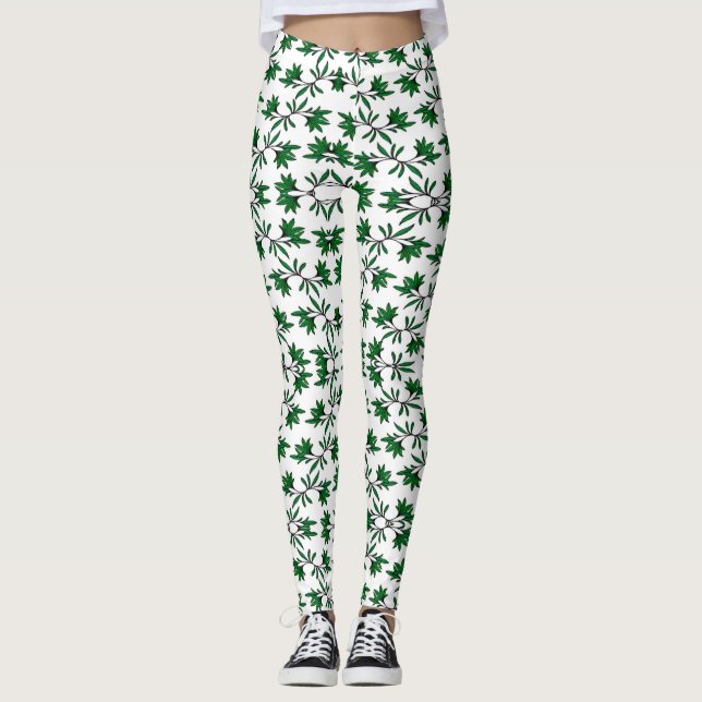 Legging Padrão de folha verde em branco (Frente)
