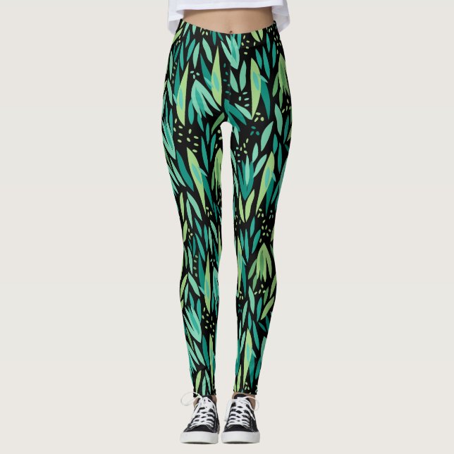 Legging Padrão de Folha Verde Invisível (Frente)