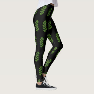 Legging Padrão de Folha Verde Moderno em Preto