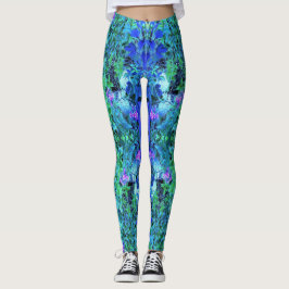 Legging Padrão de Folhagem Abstrata em Chartreuse e Azul
