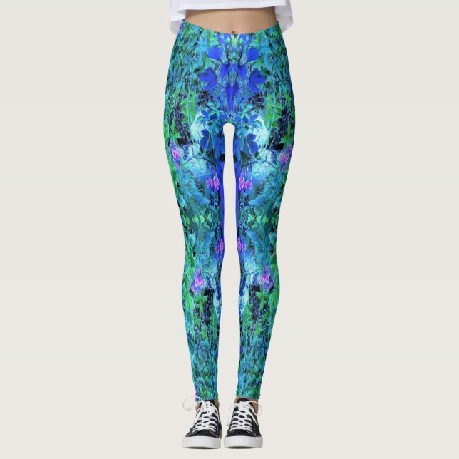 Legging Padrão de Folhagem Abstrata em Chartreuse e Azul (Frente)