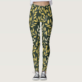 Legging Padrão de Folhas Amarelas e Creme em Ramos 
