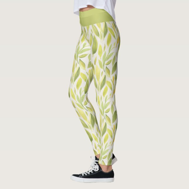 Legging Padrão de Folhas Amarelas Verdes Claras Elegantes (Esquerda)