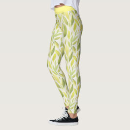 Legging Padrão de Folhas Amarelas Verdes Claras Elegantes