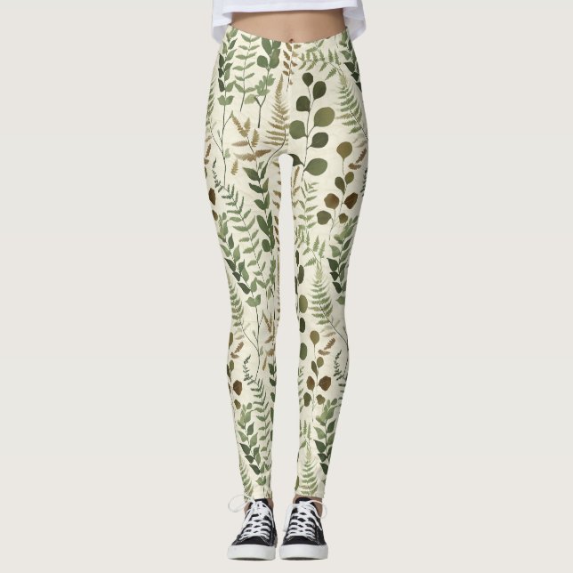 Legging Padrão de Folhas Botânicas Prensadas – Impressão d (Frente)