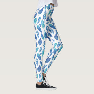 Legging Padrão de Folhas de Aquarela Azul