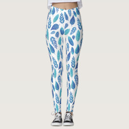 Legging Padrão de Folhas de Aquarela Azul