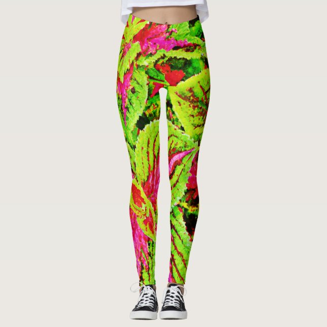 Legging Padrão de Folhas de Natureza Vibrante (Frente)