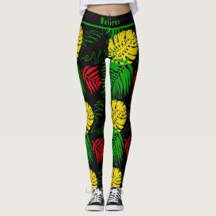Legging Padrão de Folhas de Palmeira Botânica Tropical Ous