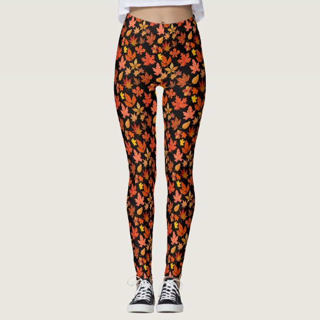 Legging Padrão de Folhas do outono 01x4b Preto BG (Frente)