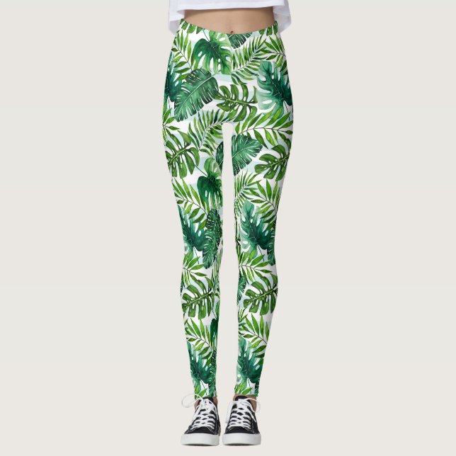 Legging Padrão de Folhas Tropicais de Na moda Watercolor (Frente)