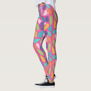 Legging Padrão de Folhas Tropicais de Verão Brilhantes