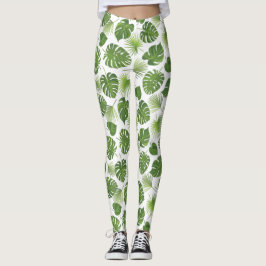 Legging Padrão de Folhas Tropicais na moda Verde