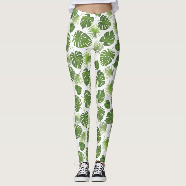 Legging Padrão de Folhas Tropicais na moda Verde (Frente)